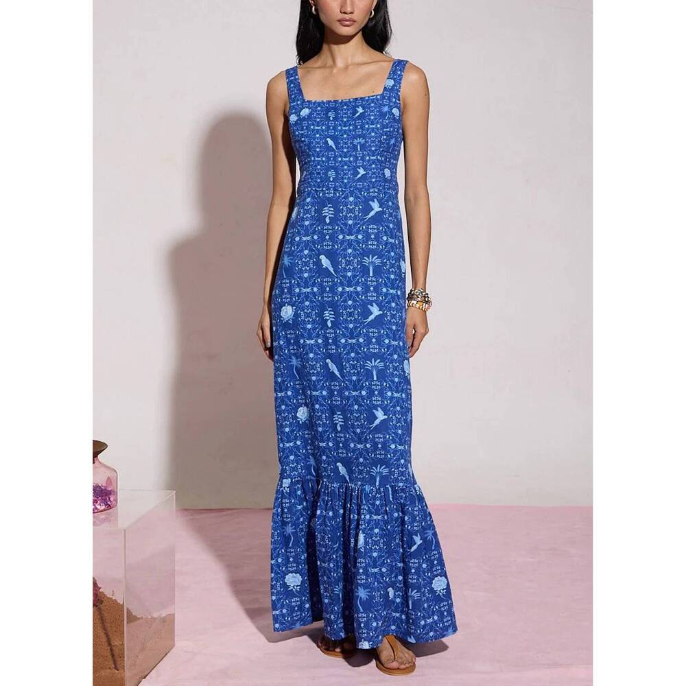 NEW VERANDAH tie-back midi dress in blue ornate window